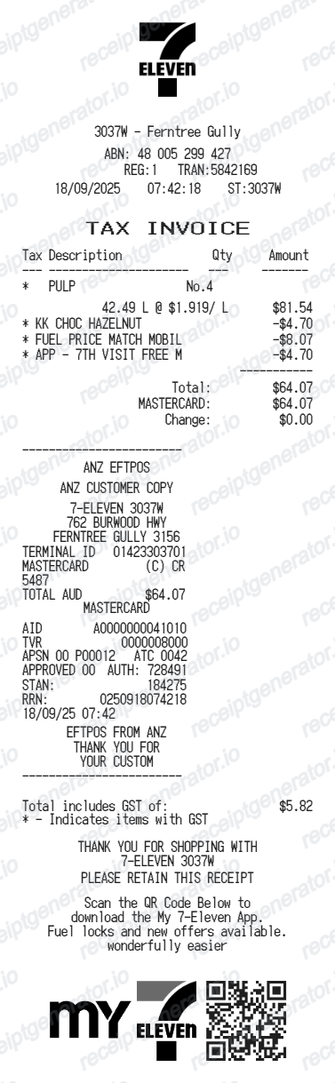 7 Eleven Receipt Australia - Preview of the template design