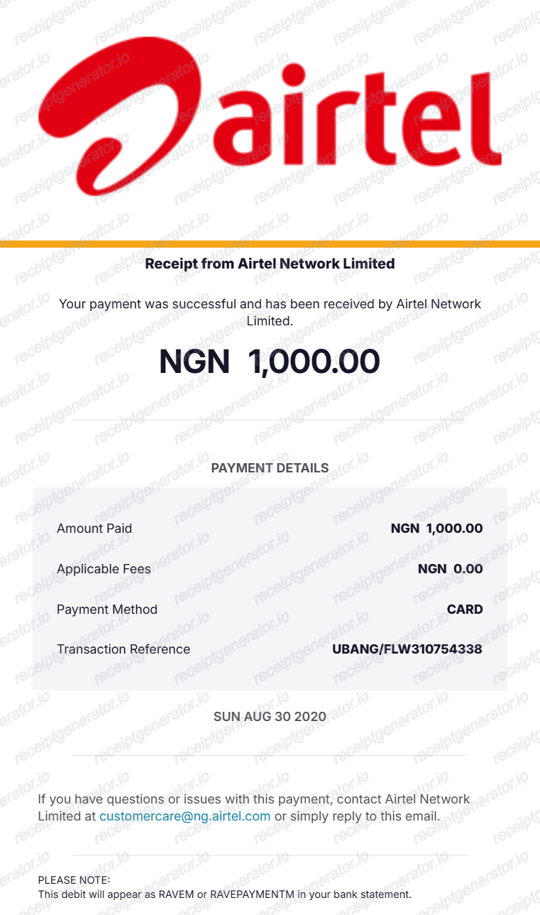 Airtel Nigeria Receipt - Preview of the template design