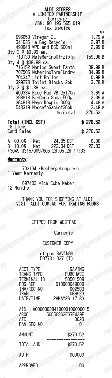 EFTPOS GST receipt design preview