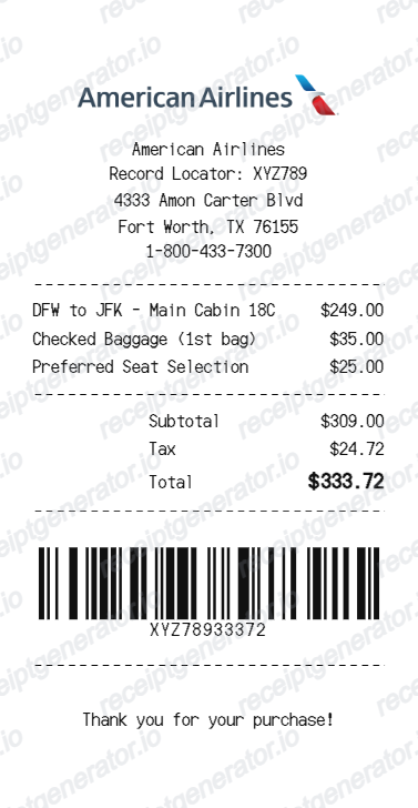 American Airlines Receipt - Preview of the template design
