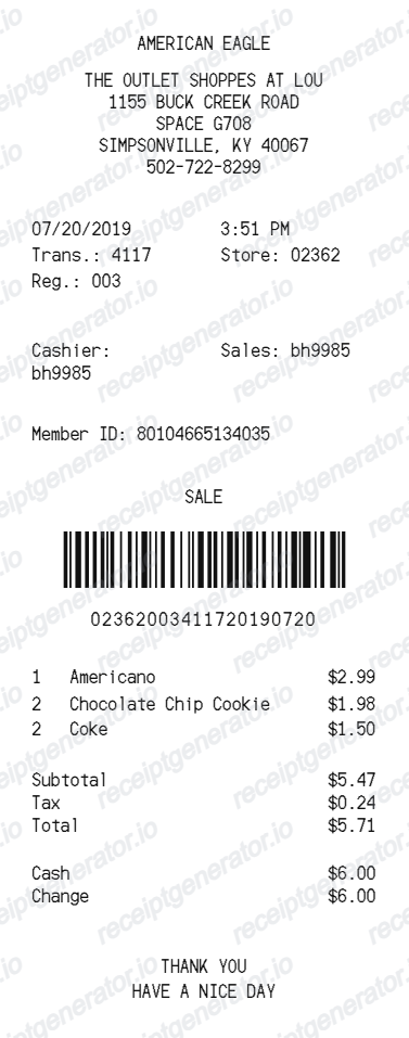 American Eagle Receipt - Preview of the template design