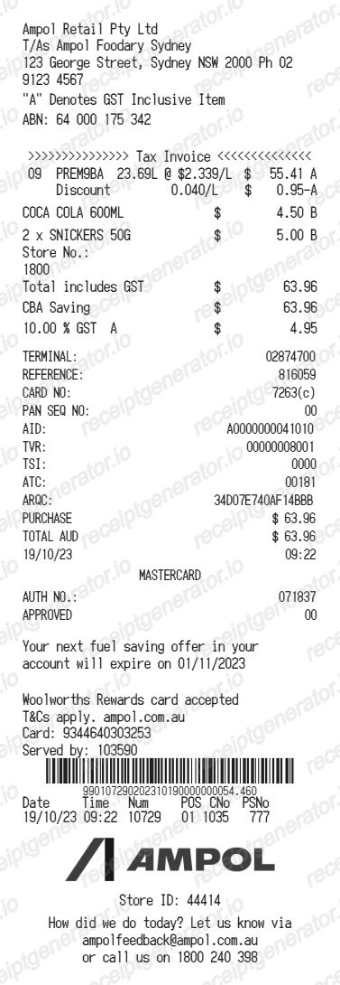 Ampol Receipt Australia - Preview of the template design