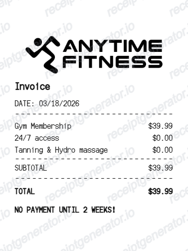Anytime Fitness Receipt - Preview of the template design