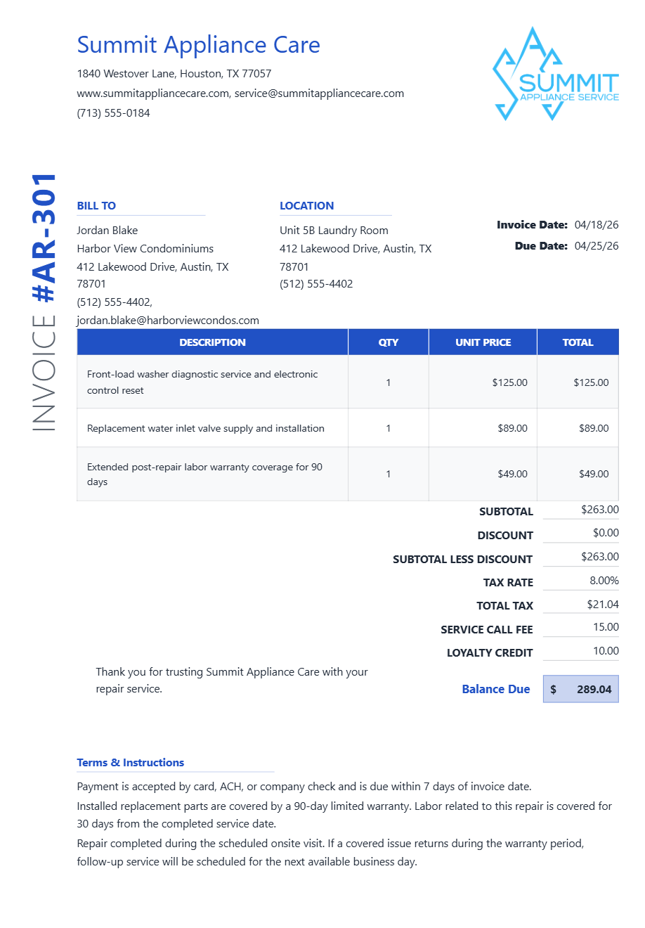 Appliance Repair Warranty Receipt - Preview of the template design