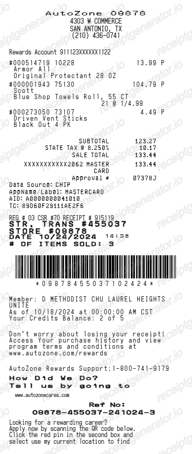 Autozone Receipt - Preview of the template design