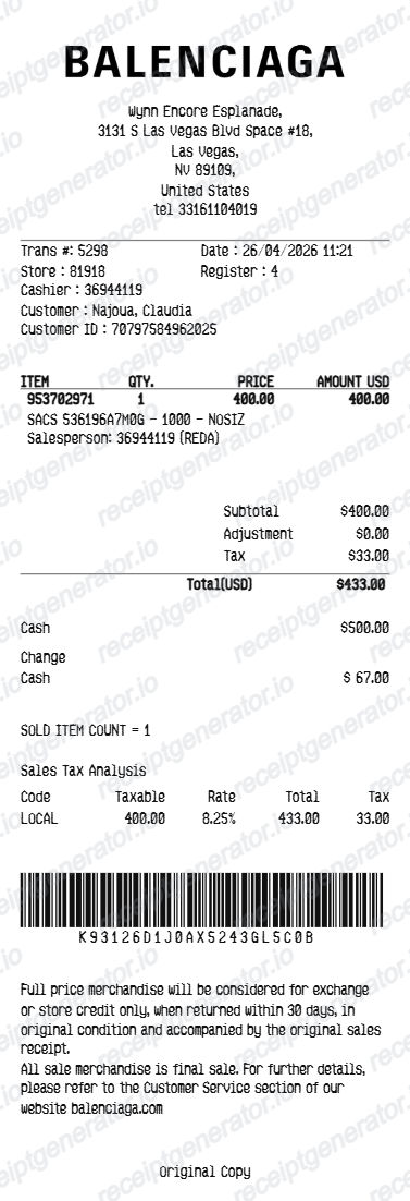 Balenciaga Receipt - Preview of the template design