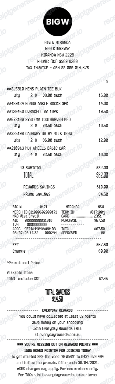 Big W Receipt - Preview of the template design