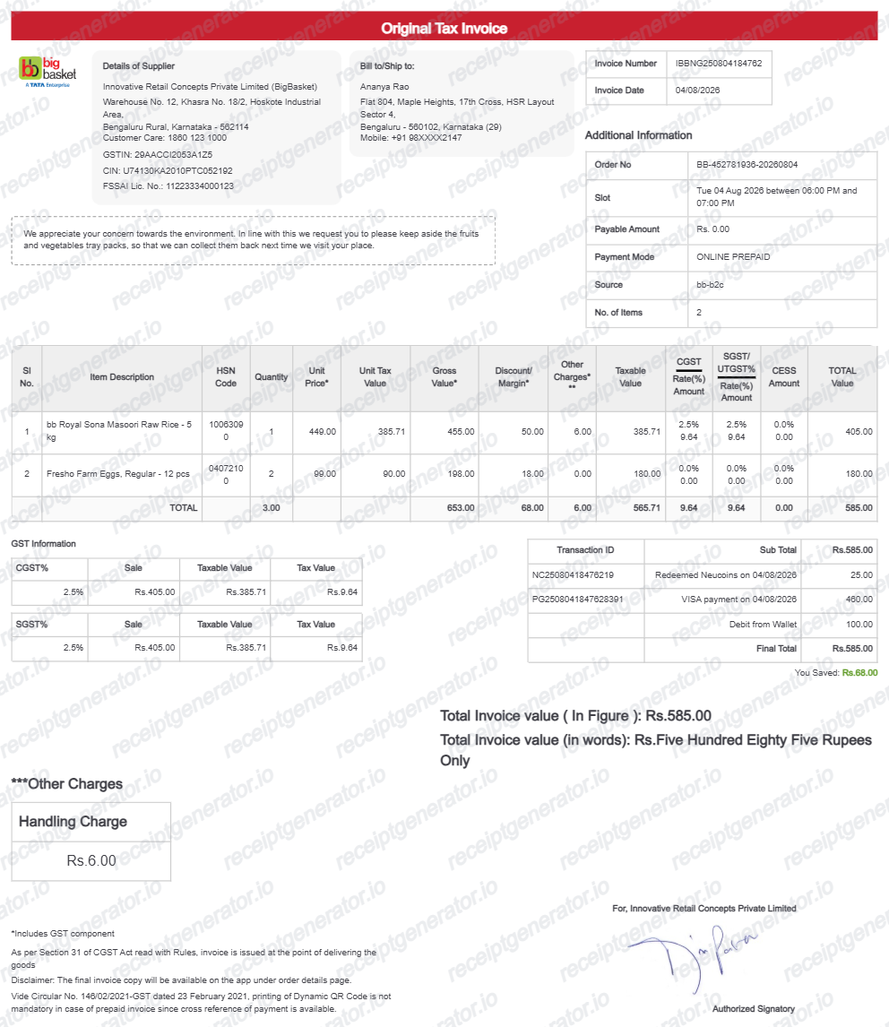 Bigbasket Invoice - Preview of the template design