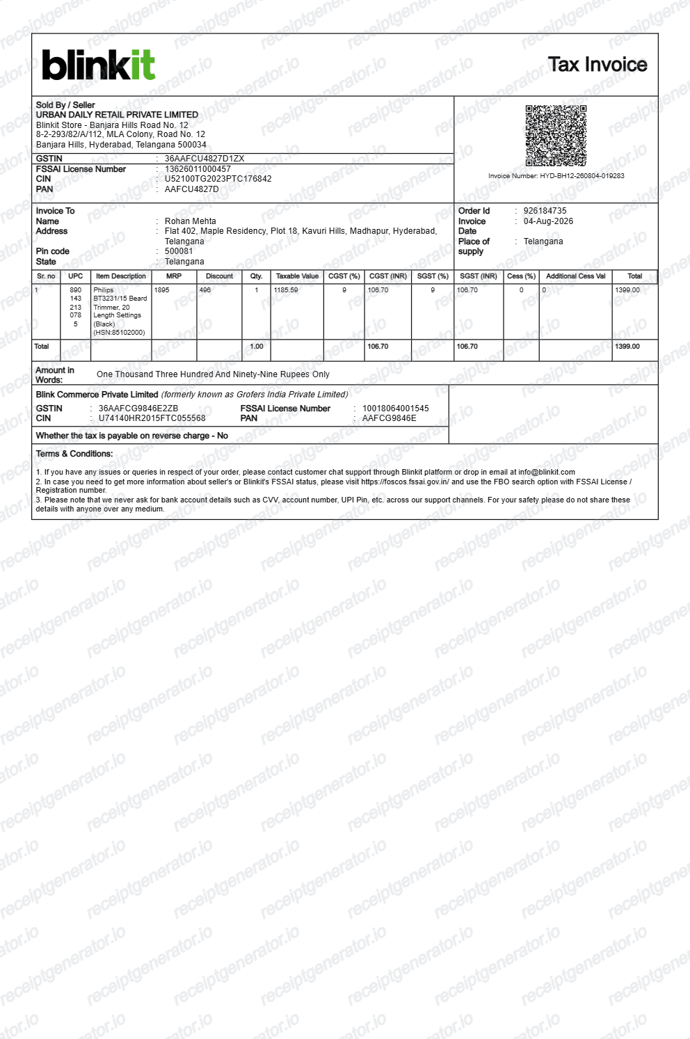 Blinkit Bill - Preview of the template design