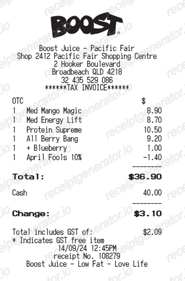 Boost Juice Receipt Australia preview