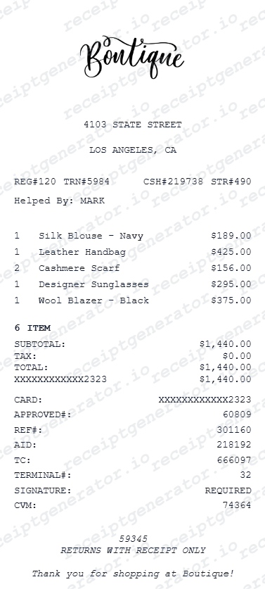 Boutique Receipt - Preview of the template design