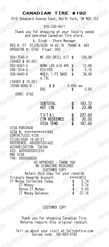 Canadian Tire Receipt - Preview of the template design
