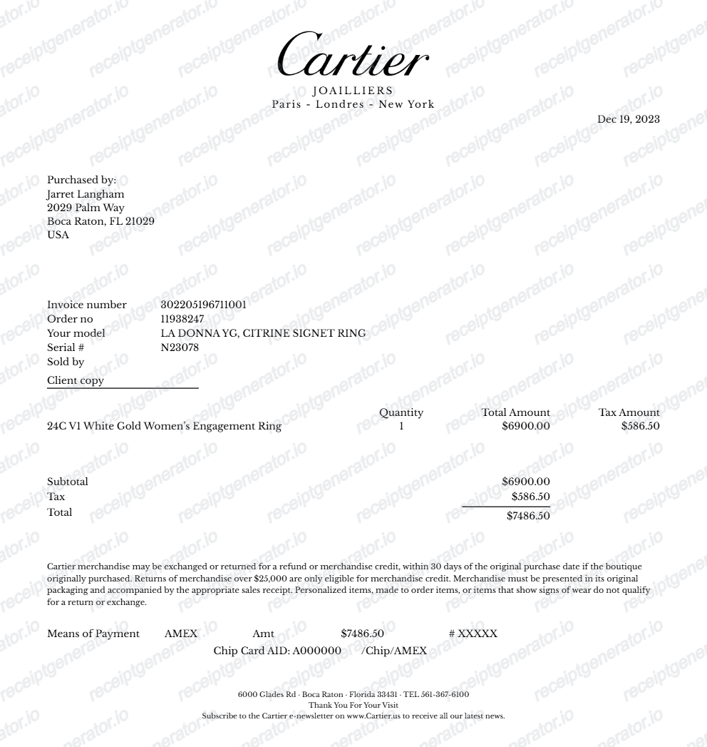 Cartier Receipt - Preview of the template design