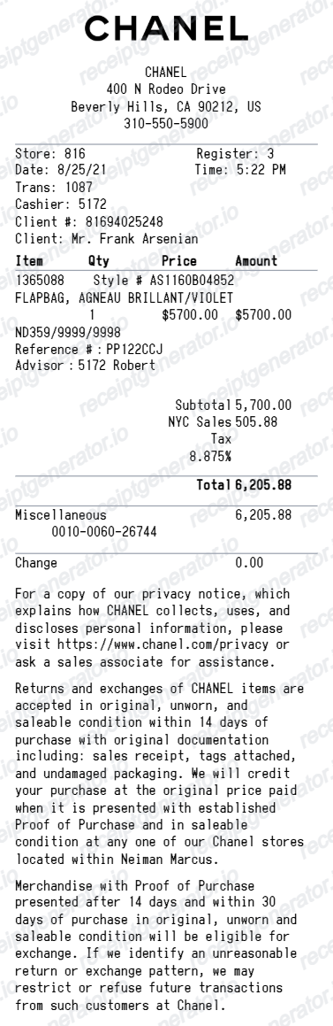 Chanel Receipt - Preview of the template design