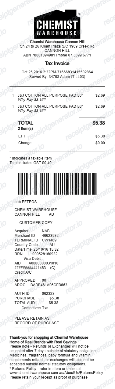 Chemist Warehouse Receipt - Preview of the template design