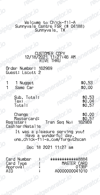 Chick Fil A Receipt preview