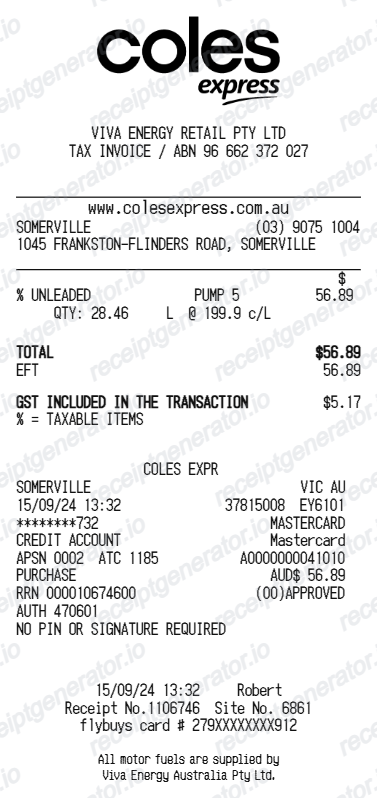 Coles Express Receipt - Preview of the template design