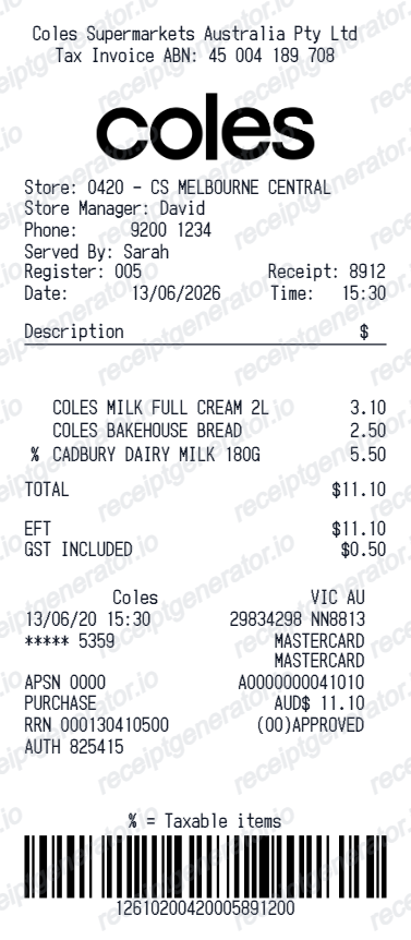 Coles Receipt
