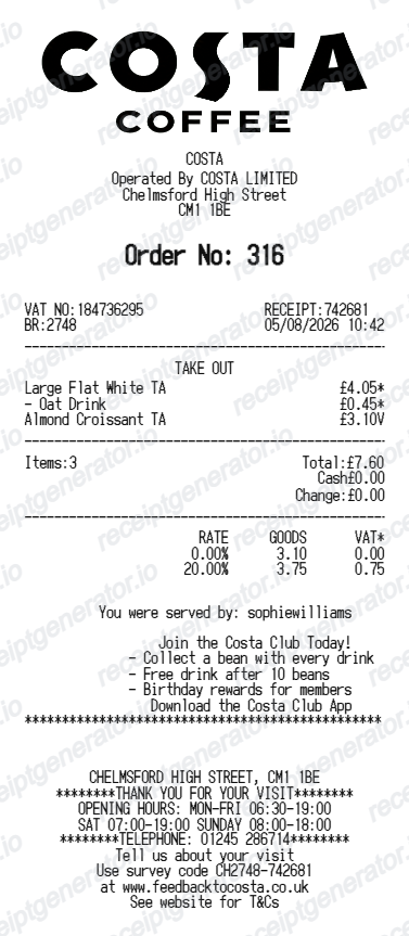 Costa Coffee Receipt preview