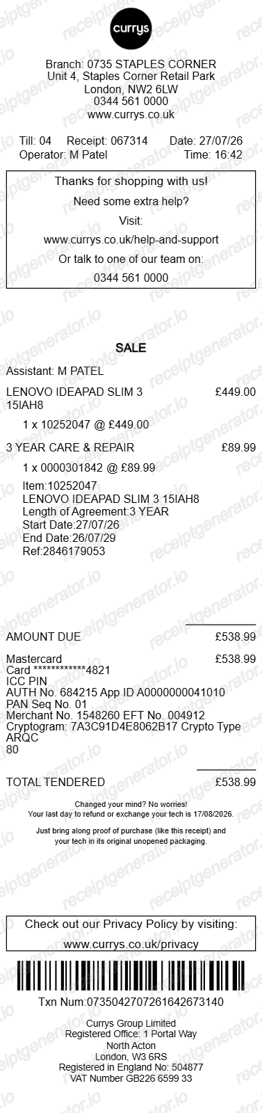 Currys Receipt Uk - Preview of the template design