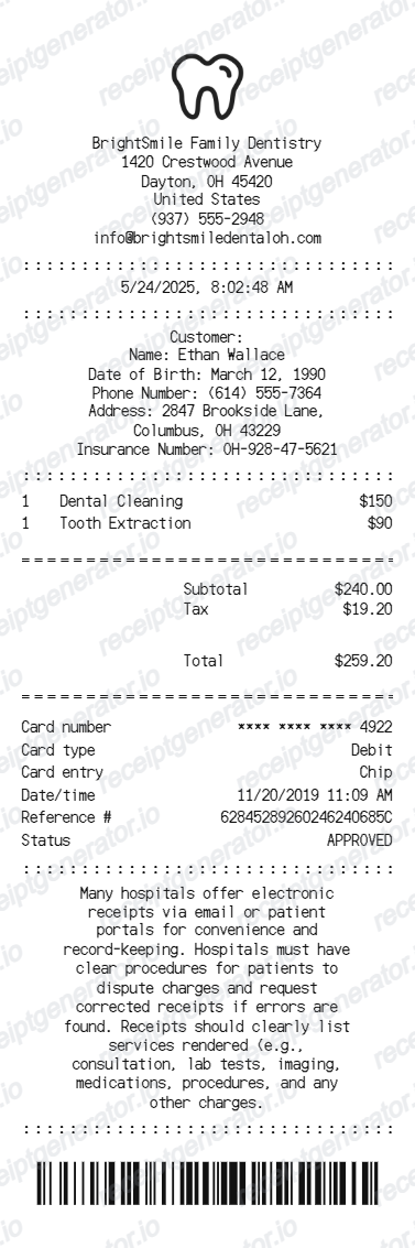 Dental Receipt - Preview of the template design