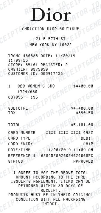 Dior Receipt - Preview of the template design