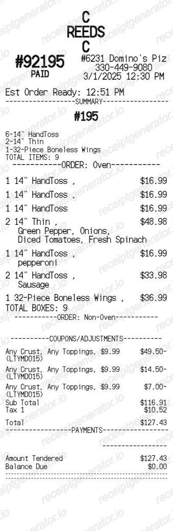 Dominos Receipt preview
