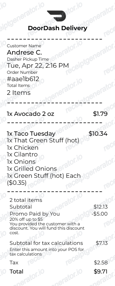Doordash Receipt preview