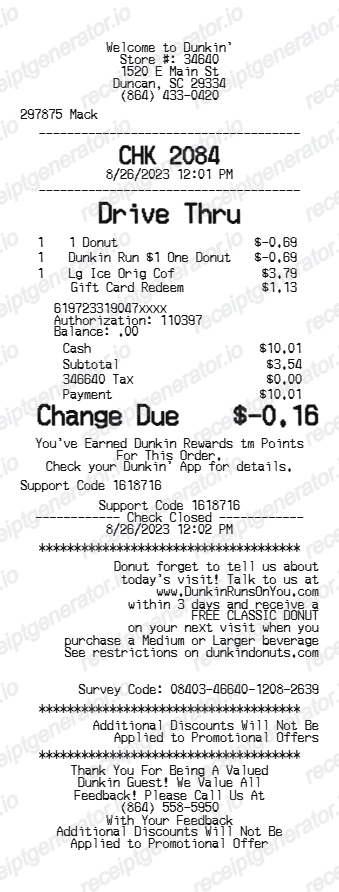 Dunkin Receipt preview