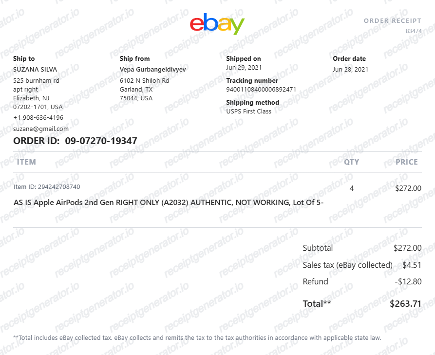Ebay Receipt - Preview of the template design