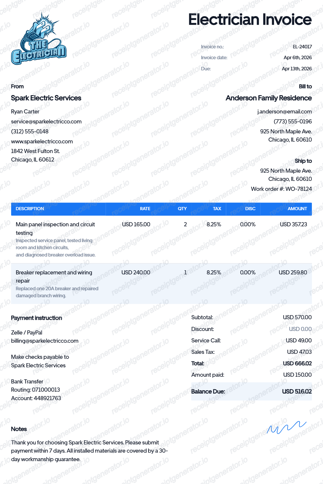 Electrician Receipt - Preview of the template design