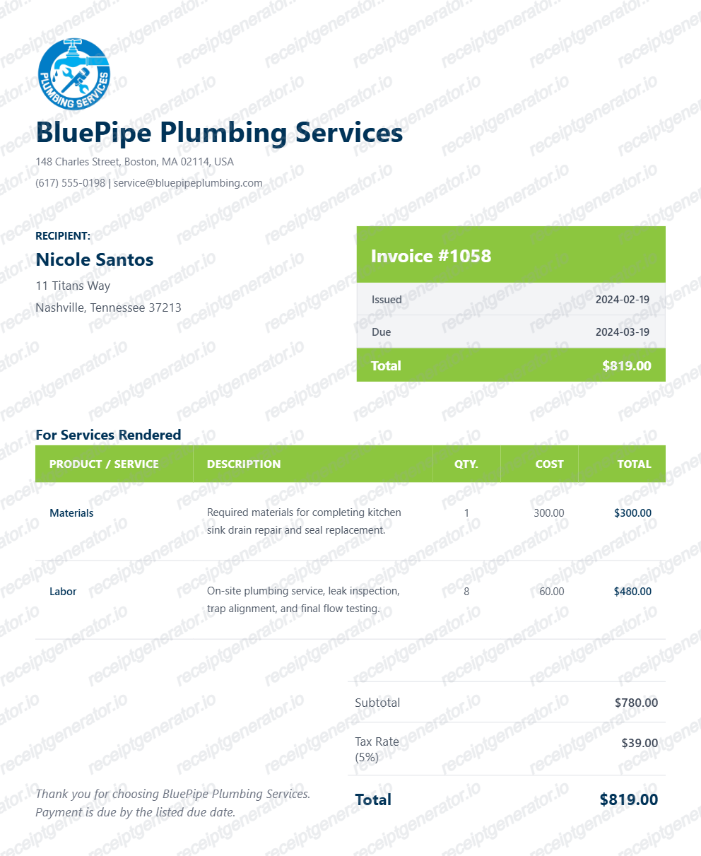 Emergency Plumbing Repair Receipt - Preview of the template design