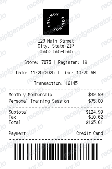 Equinox Receipt - Preview of the template design
