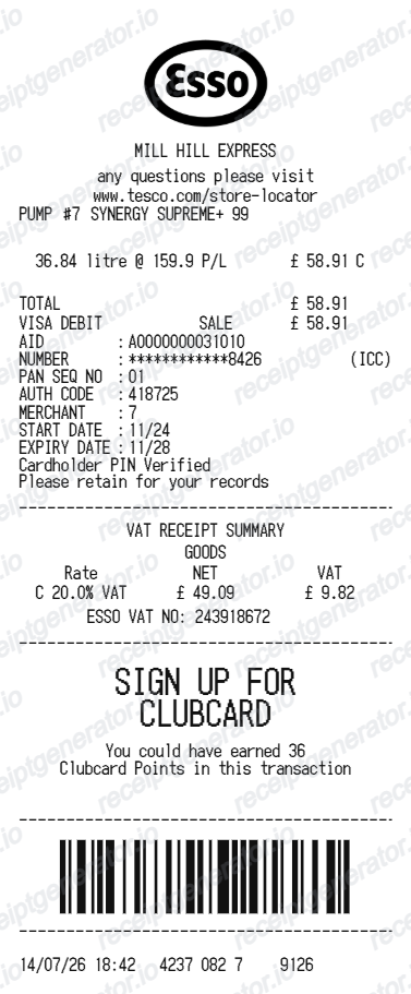 Esso Receipt Uk - Preview of the template design