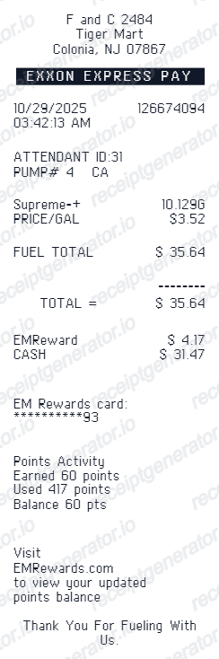 Exxon Receipt - Preview of the template design
