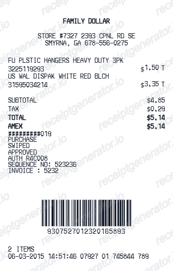 Family Dollar Receipt - Preview of the template design