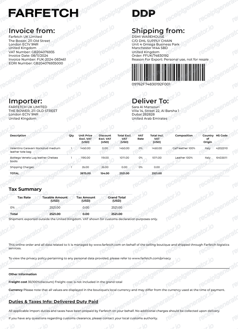 Farfetch Receipt - Preview of the template design