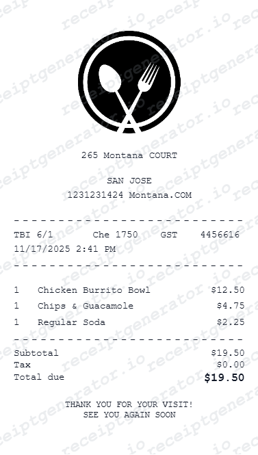 Fast Casual Receipt preview