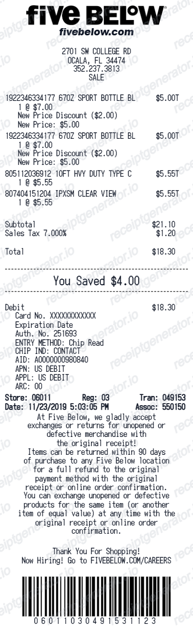 Five Below Receipt - Preview of the template design