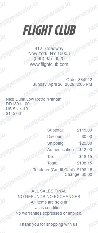 Flight Club Receipt - Preview of the template design