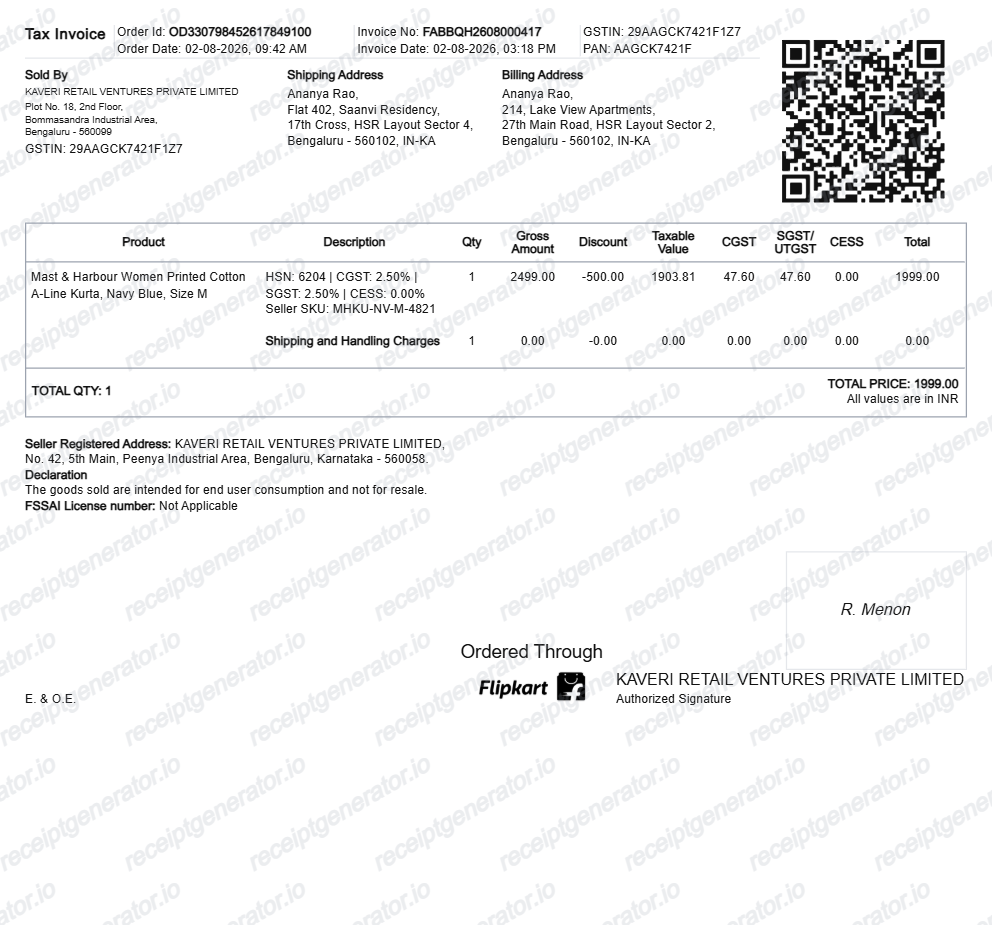 Flipkart Invoice - Preview of the template design