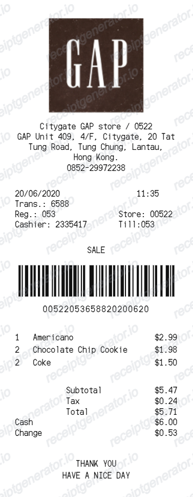 GAP Receipt - Preview of the template design