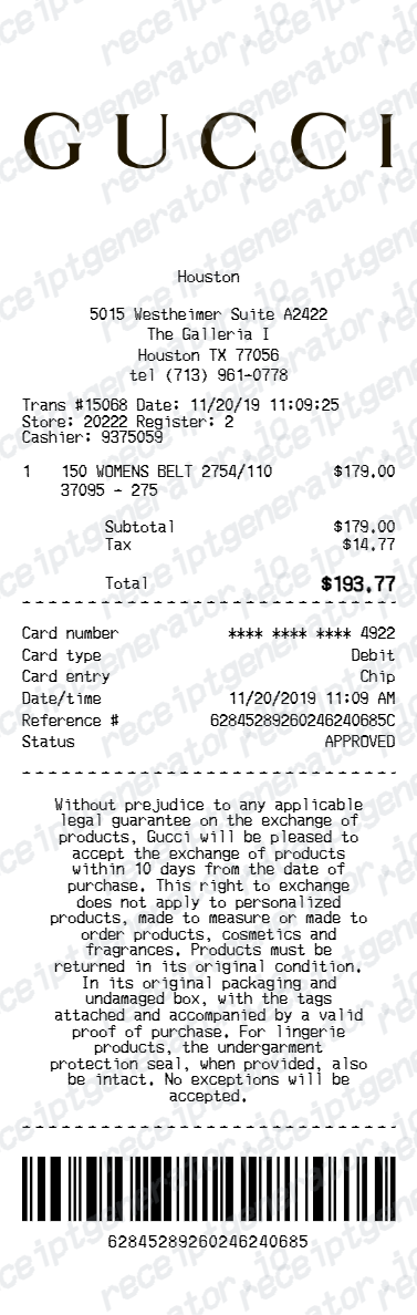 Gucci Receipt - Preview of the template design