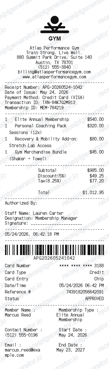 Gym Receipt - Preview of the template design