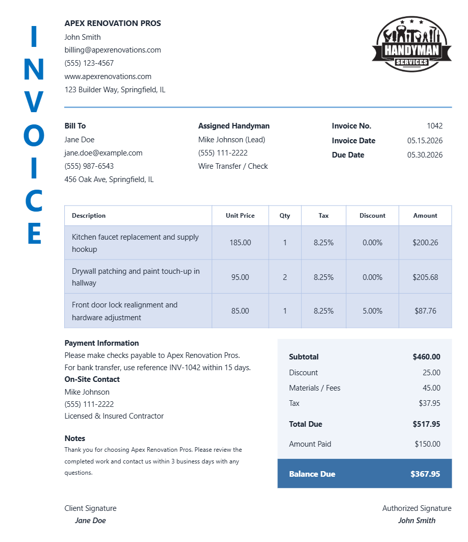 Handyman General Contracting Receipt - Preview of the template design