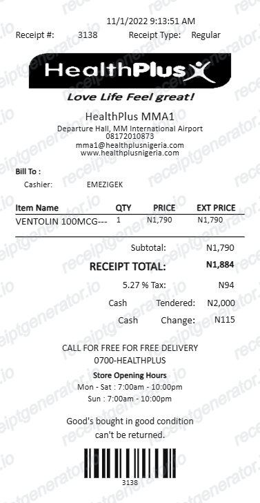 Healthplus Receipt - Preview of the template design