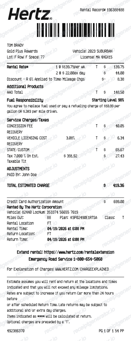 Hertz Receipt