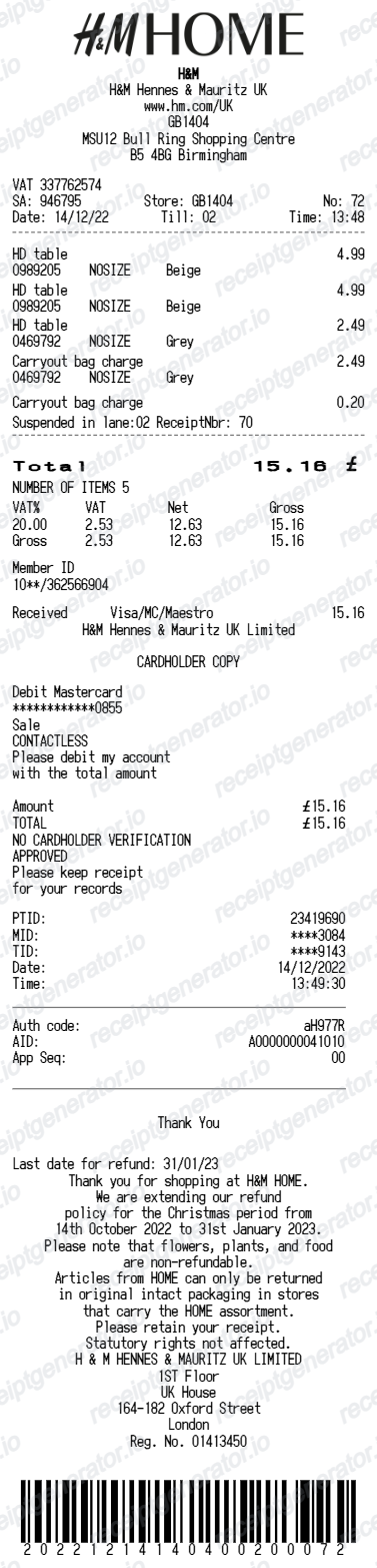H&M Receipt - Preview of the template design