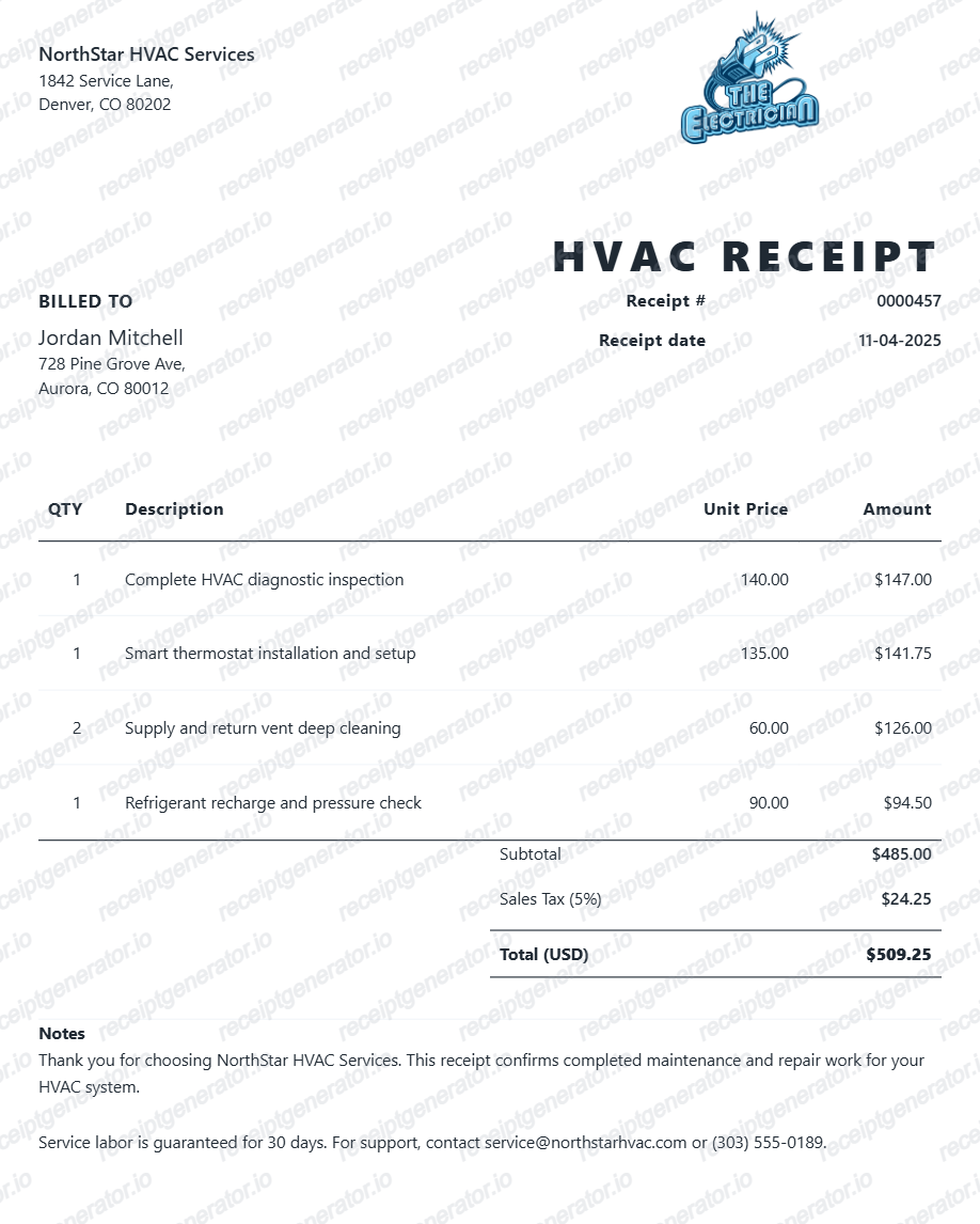 Hvac Maintenance Service Receipt - Preview of the template design