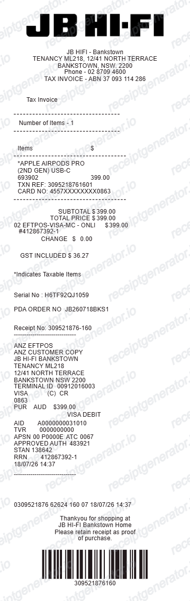 JB Hi-Fi Receipt - Preview of the template design
